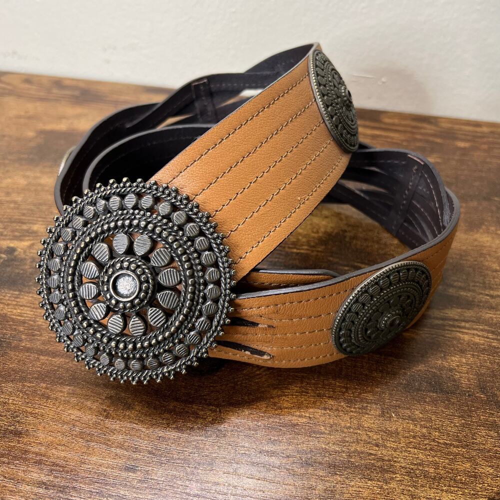 Chico's Concho Belt Womens Leather Wide Brown Bohemian Western Hippie Adjustable